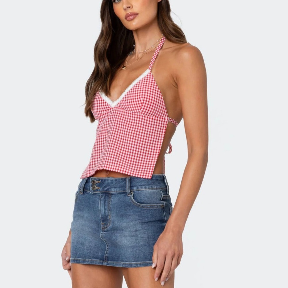 Edikted Charmaine Open Back Gingham Top in Red - Picture 2 of 11